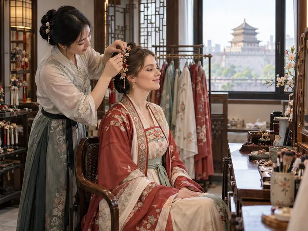 International traveler experiencing Hanfu hair and makeup styling in Xi'an