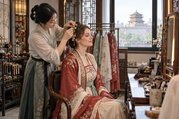 International traveler experiencing Hanfu hair and makeup styling in Xi'an